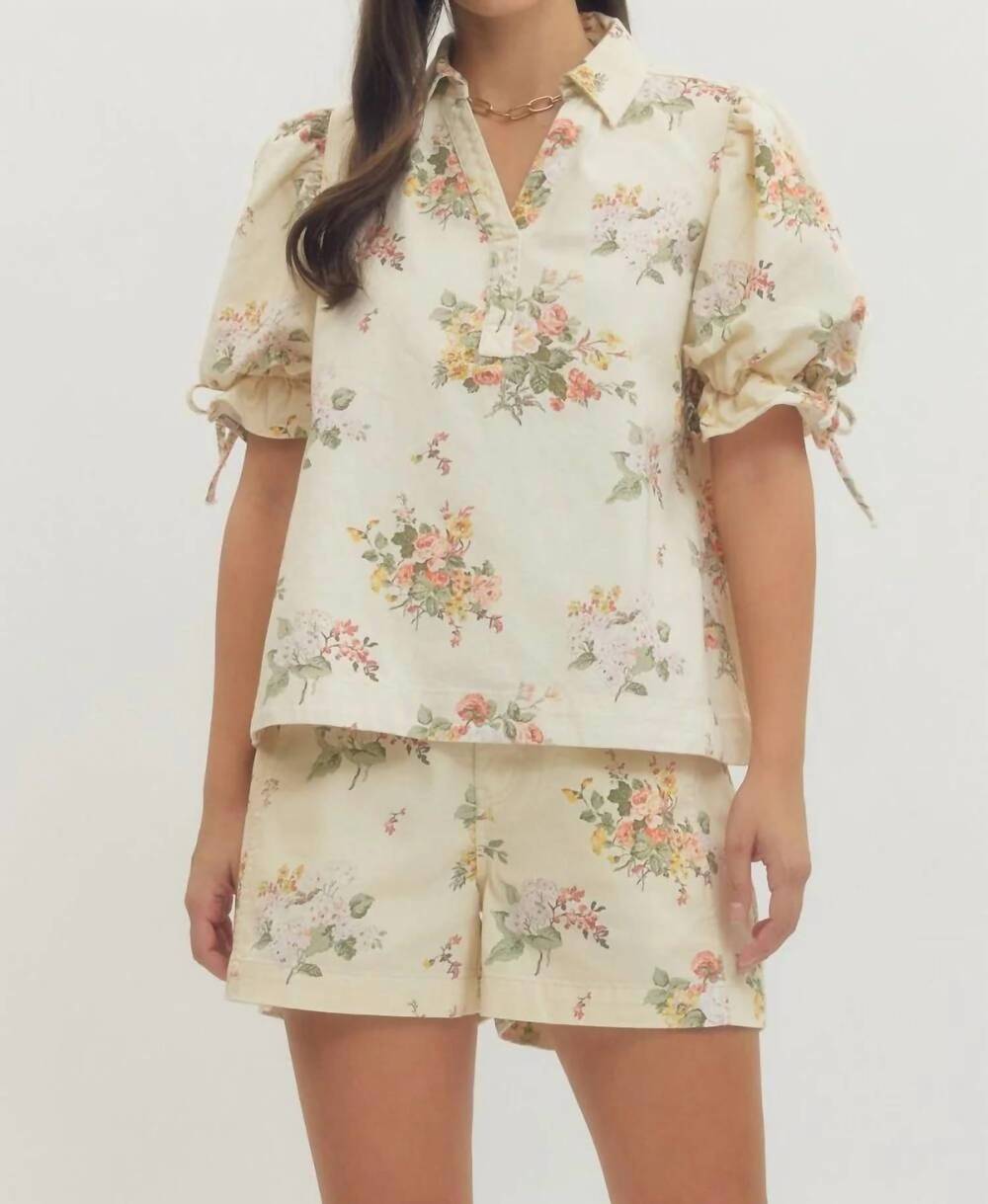 NEW ENTRO floral denim top in cream